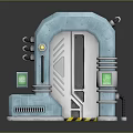 Futuristic Light Blue Door Furniture With Mechanical Design Green Screens And Warning Stripes