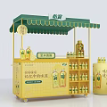 Mobile Yellow Drink Stall Featuring Green Awning Bottled Beverages And Lemonade Barrel