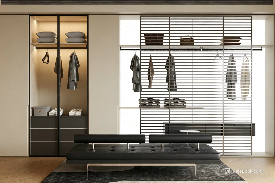 Modern Wardrobe Interior With Glass Doors Hanging Clothes Folded Clothes And Black Bench 3d model 