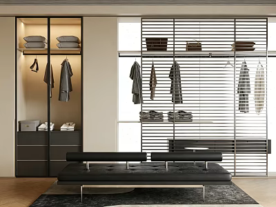 Modern Wardrobe Interior With Glass Doors Hanging Clothes Folded Clothes And Black Bench 3d model