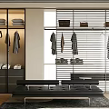 Modern Wardrobe Interior With Glass Doors Hanging Clothes Folded Clothes And Black Bench