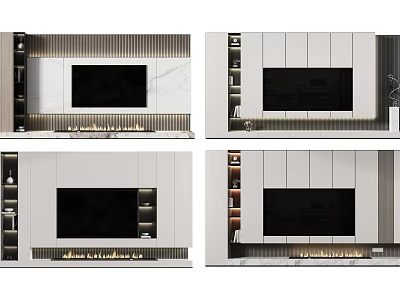 Modern TV Wall Design With Fireplace Cabinets Shelves And Marble Accents 3d model