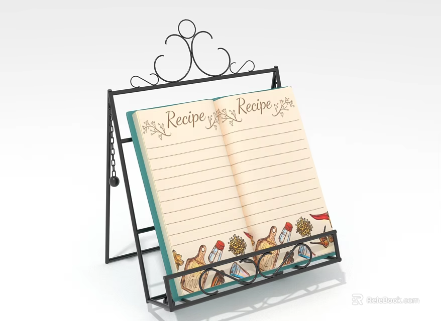 Decorative Metal Storage Shelf with Open Recipe Notebook and Ornate Top Scroll Design 3d model 