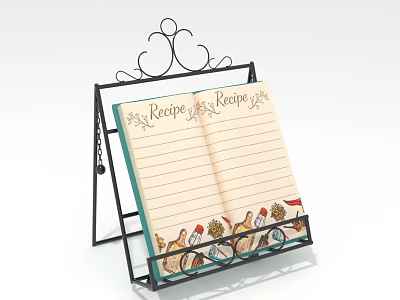 Decorative Metal Storage Shelf with Open Recipe Notebook and Ornate Top Scroll Design 3d model