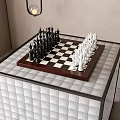 Play Equipment Chess Board Table With White Tile Surface Black White Pieces And Green Plant