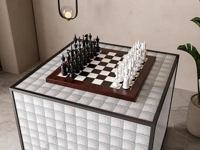 Play Equipment Chess Board Table With White Tile Surface Black White Pieces And Green Plant 3d model