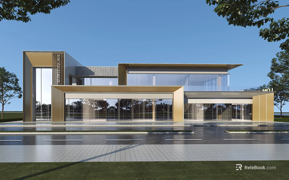 Modern Luxurious Sales Office Building With Glass Curtain Wall And Spacious Entrance 3d model 