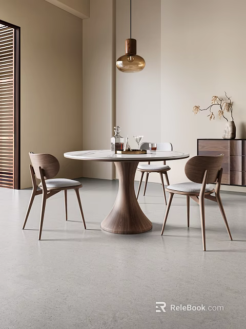 Modern Round Dining Table Set With Wooden Base And Four Upholstered Chairs 3d model 