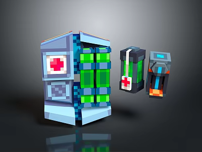 Pixel Art Medical Containers With Red Cross And Blue Green Transparent Panels 3d model