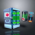 Pixel Art Medical Containers With Red Cross And Blue Green Transparent Panels