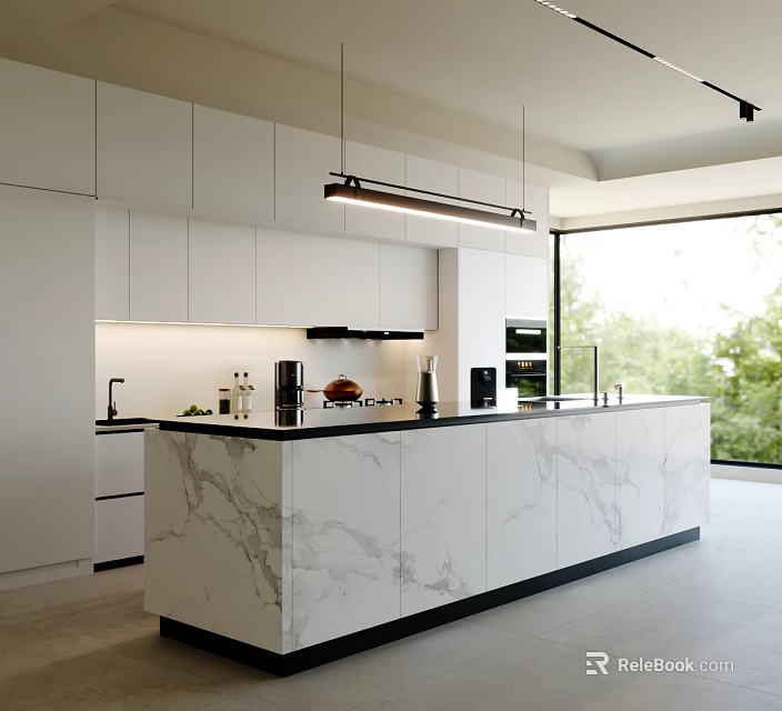 Modern Kitchen Interior With White Cabinets Marble Island Hanging Lights And Large Window View 3d model 