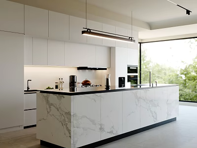 Modern Kitchen Interior With White Cabinets Marble Island Hanging Lights And Large Window View 3d model