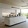 Modern Kitchen Interior With White Cabinets Marble Island Hanging Lights And Large Window View