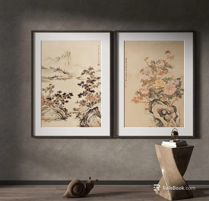 Two Framed Paintings Landscape And Floral Artwork On Gray Wall With Decorative Object 3d model 