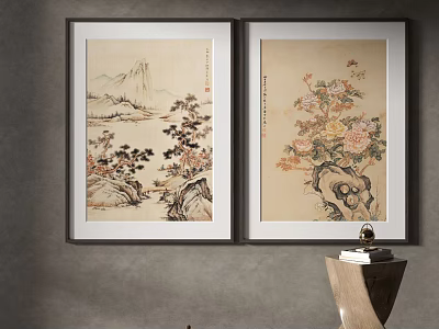Two Framed Paintings Landscape And Floral Artwork On Gray Wall With Decorative Object 3d model