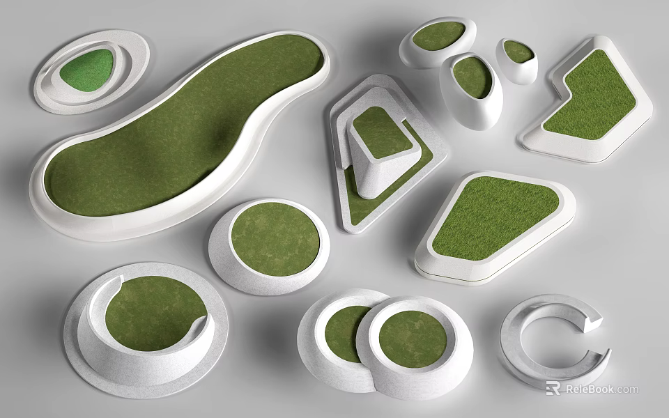 Various Shaped Landscape Seats With Green Surfaces And White Frames Design 3d model