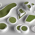 Various Shaped Landscape Seats With Green Surfaces And White Frames Design 3d model