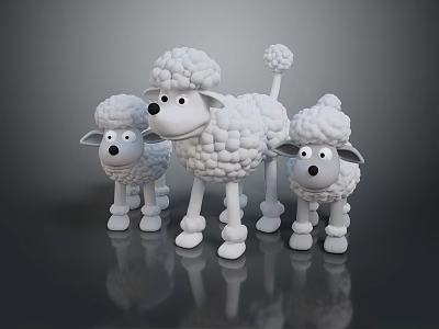 Three White Fluffy Dog Figurines With Curly Fur Standing On Black Surface With Reflection 3d model