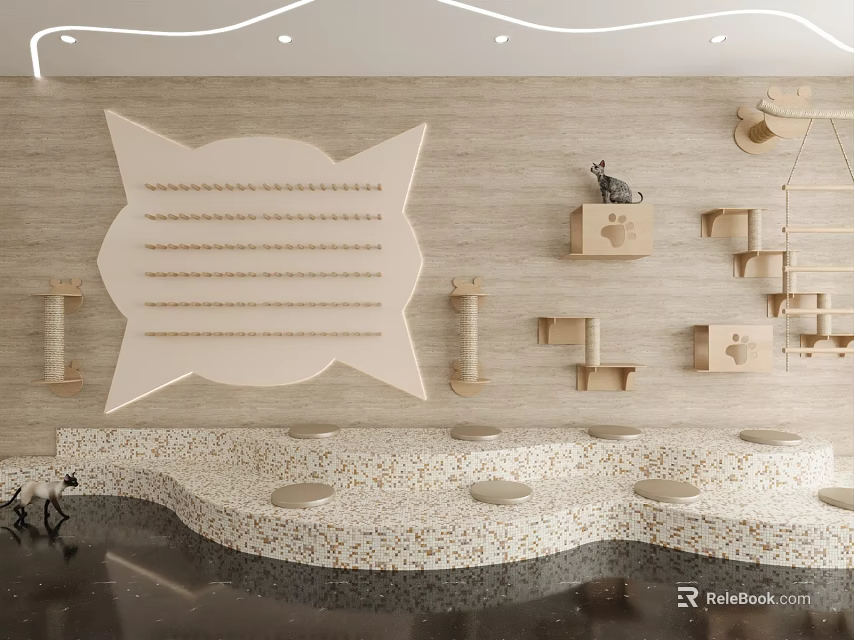 Modern Cat Activity Area With Wall Mounted Scratcher Climb And Wave Platforms 3d model 