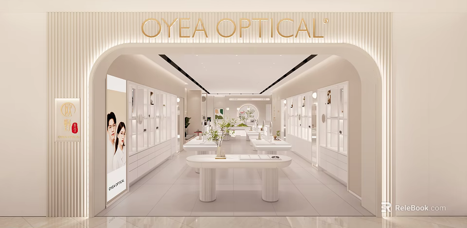 Modern OYEA Optical Store Interior With Eyewear Displays White Counters And Bright Lighting 3d model 