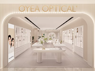 Modern OYEA Optical Store Interior With Eyewear Displays White Counters And Bright Lighting 3d model