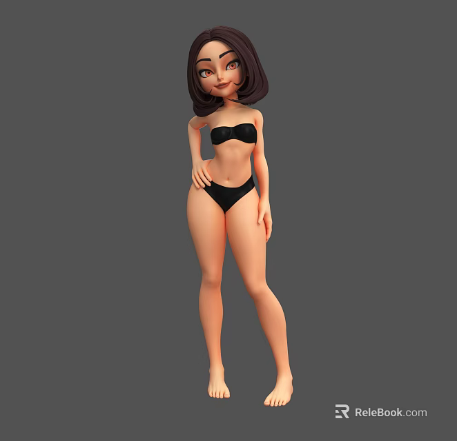 3D Cartoon Woman in Black Bikini Standing Pose against Gray Background 3d model 