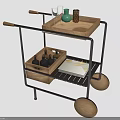 Modern Kitchen Trolley With Wooden Tray Green Vase Black Metal Frame And Wooden Wheels