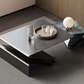 Modern Metal Coffee Table With Wooden Tray Glass Cups Clear Container And White Spherical Decor