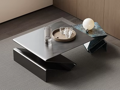 Modern Metal Coffee Table With Wooden Tray Glass Cups Clear Container And White Spherical Decor 3d model