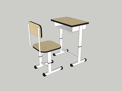Student Desk with Wooden Top White Frame Adjustable Height and Rolling Wheels Simple Design 3d model