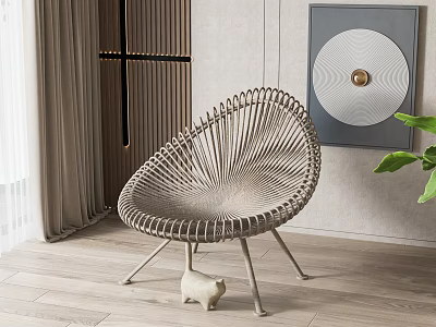 Modern Light Color Rattan Leisure Chair With Decorative Painting Ceramic Figurine And Green Plant 3d model