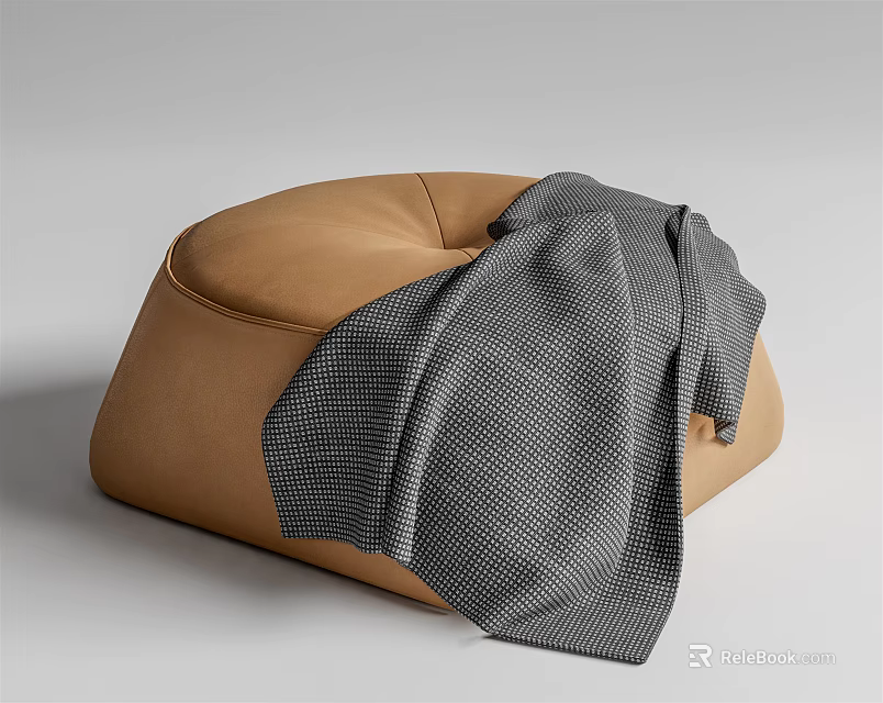 Cozy Brown Ottoman with Soft Gray Checkered Blanket on Light Gray Background 3d model