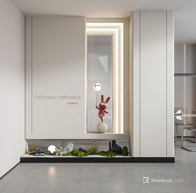 Modern Entrance Cabinet And Side Cabinet With Decorative Sculpture Green Plants And Lighting 3d model 