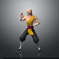 Bald Man in Yellow Top Black Pants Red Belt Striking Martial Arts Pose Gray Background
