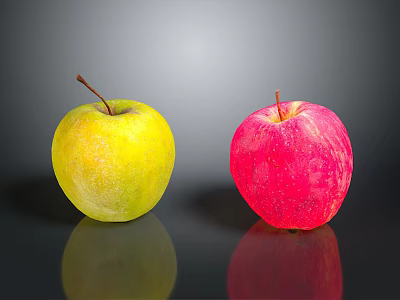 Fresh Yellow And Red Apples Placed On Black Surface With Reflection 3d model
