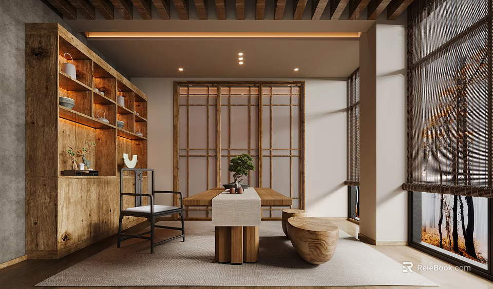 Zen Style Tea Room Interior With Wooden Shelves Sliding Lattice Screens And Green Plants 3d model 