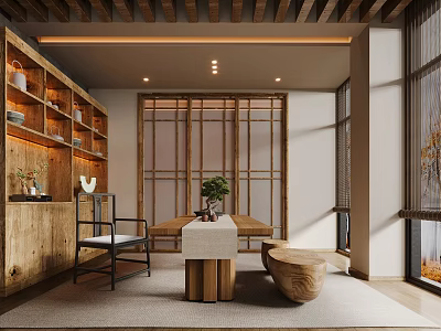 Zen Style Tea Room Interior With Wooden Shelves Sliding Lattice Screens And Green Plants 3d model