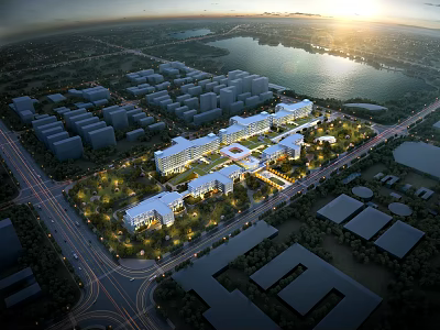 Aerial Planning of Modern Urban Area With Sunset View Buildings Lake and Green Spaces 3d model