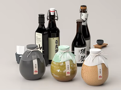 Traditional Japanese Tea Cup With String Tied Cloth Covered Jars And Bottles 3d model