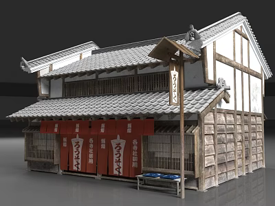 Traditional Ancient Building With Gray Tiled Roof Wooden Frame Red Hanging Curtains And Wooden Lantern 3d model