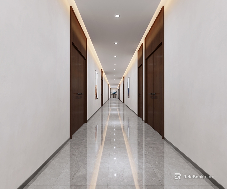 Modern Elevator Hallway Interior Design With Wooden Doors Marble Flooring And Recessed Lighting 3d model 