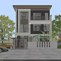 Modern Detached Villa With Large Windows Balconies And Surrounding Greenery Trees 3d model