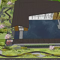 Modern Entrance Gate With Wooden Structure Glass Panels And Garden Landscape View