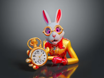 Rabbit Character With Glasses Golden Coat Red Gloves And Golden Pocket Watch 3d model