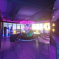 Stylish Bar Interior With Neon Lighting Purple Hue Sofa Area Plants Large Windows Night View