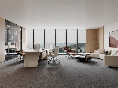 Modern Minimalist Office Interior Design With Large Windows City View Wooden Elements And Comfortable Furniture 3d model