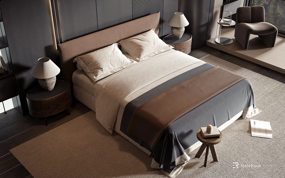 Modern Double Bed With Brown Headboard Beige Gray Bedding And Nightstand Lamps 3d model 
