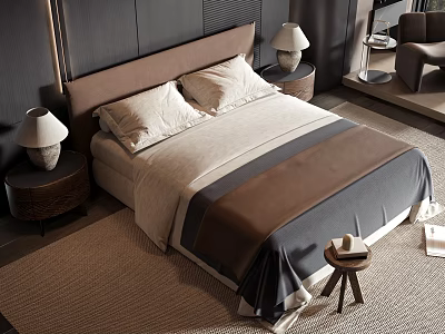 Modern Double Bed With Brown Headboard Beige Gray Bedding And Nightstand Lamps 3d model