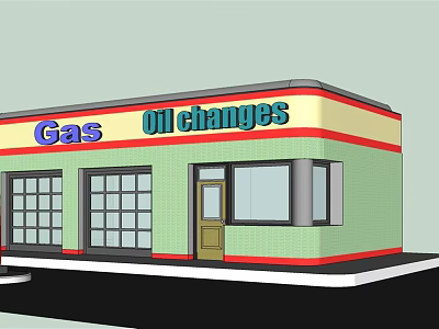 Gas Station Exterior With Oil Changes Service Green Red Yellow Trim Garage Doors 3d model