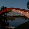 Red Arched Landscape Bridge With Water Reflection Green Grass Trees And Distant Buildings 3d model